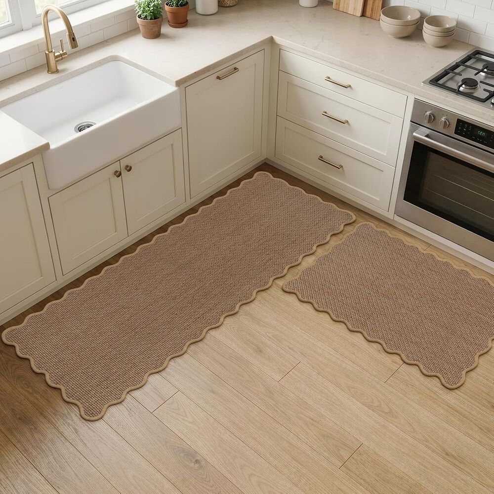 KIMODE Kitchen Rugs Mats Set 2 Brown Washable Non Slip Farmhouse 17x29 17x47